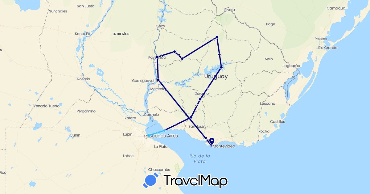 TravelMap itinerary: driving, boat in Argentina, Uruguay (South America)